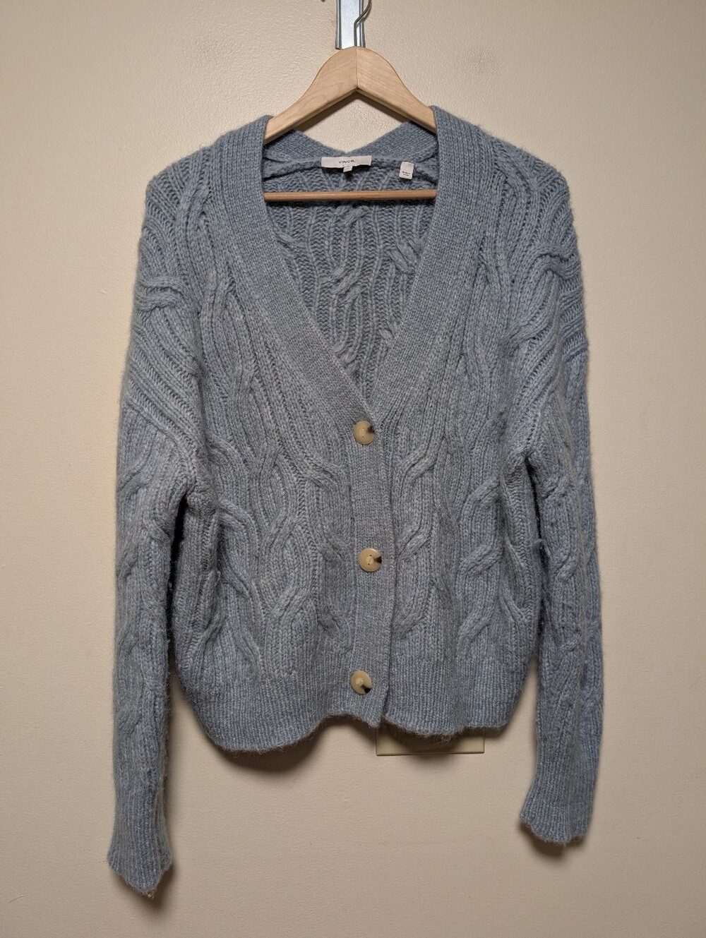 Vince Size L Blue Alpaca Merino Wool Cable Knit Cardigan